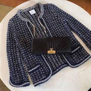 Authentic Chanel jacket in blue, white and grey crochet